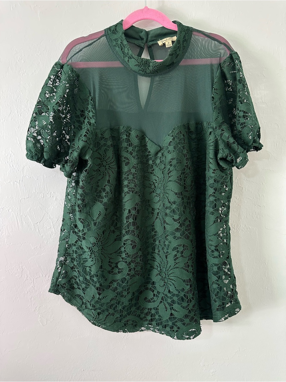Lily White Forest Green Lace Mock Neck Blouse